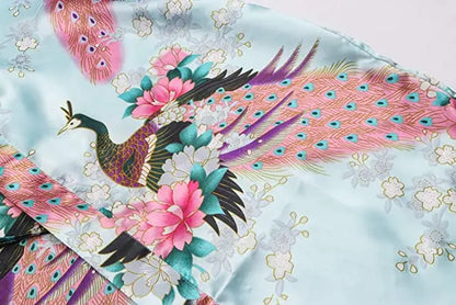 Women Satin Print Bathrobe Short Long Kimono Wedding Bridesmaids Robe Night Gown Dress