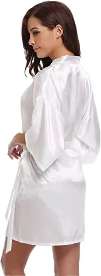 Women Nightgown Solid Color Kimono Bathrobe Satin Wedding Bridal Sleepwear