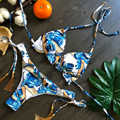 Sexy Micro Feather Print Bandage Swimwear Bathing Brazilian Bikini Suit