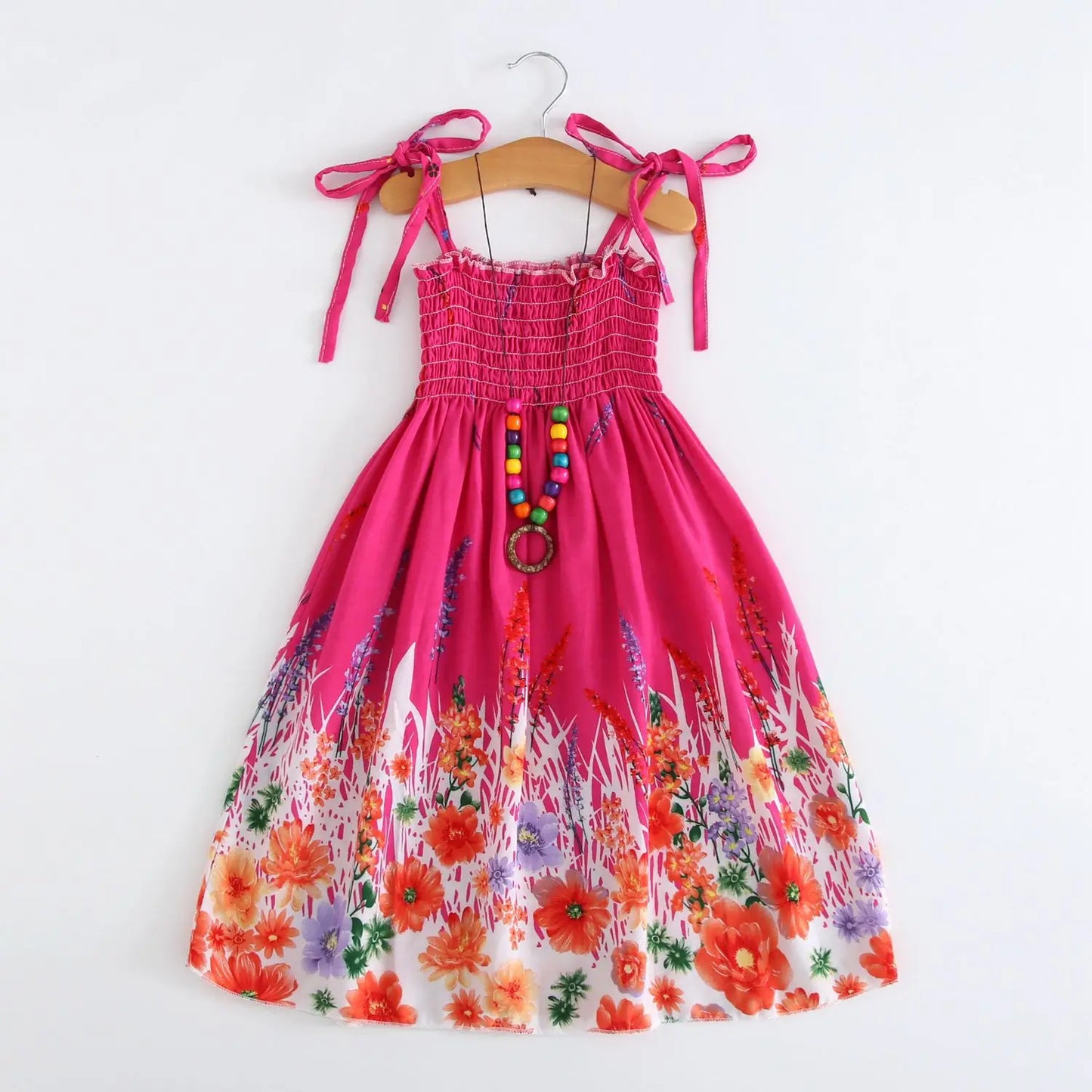 Kids Girls Floral Sling Ruffles Bohemian Beach Princess Birthday Party Dress w/ Necklace