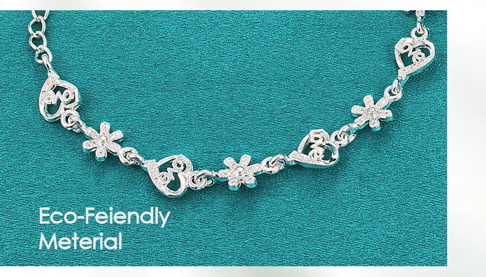 925 Sterling Silver Full Heart Love Flower Chain Women Wedding Engagement Party Bracelet