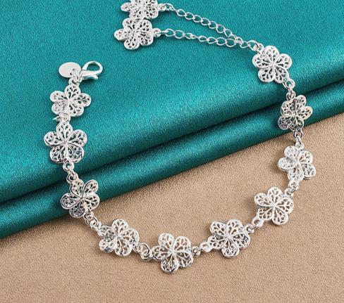 925 Sterling Silver Full Flower Chain Women Wedding Engagement Party Fashion Bracelet