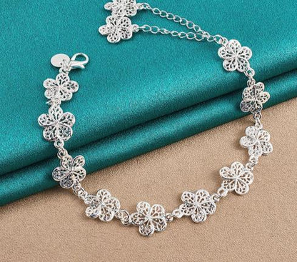 925 Sterling Silver Full Flower Chain Women Wedding Engagement Party Fashion Bracelet