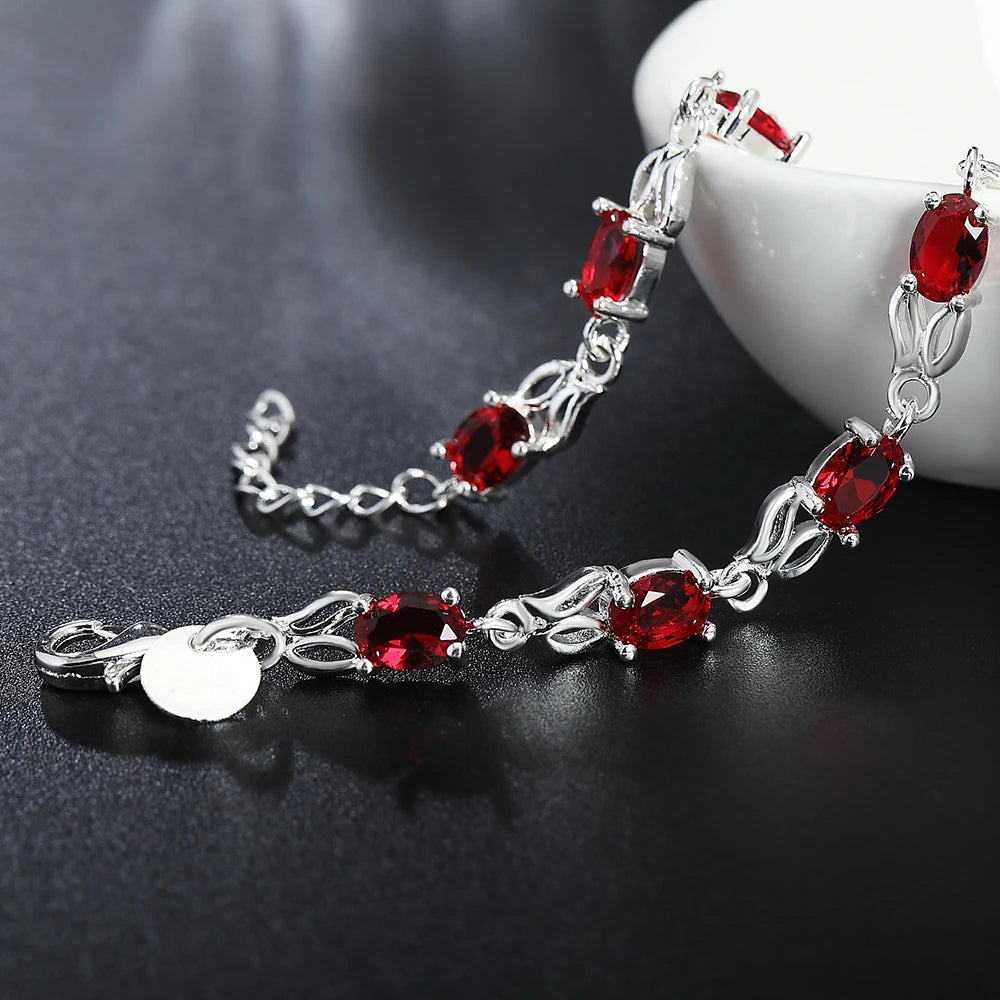 925 Sterling Silver Charm Red Zircon Women Wedding Engagement Party Fashion Bracelet