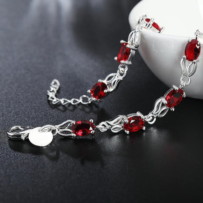 925 Sterling Silver Charm Red Zircon Women Wedding Engagement Party Fashion Bracelet