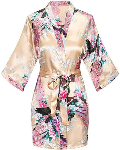 Women Satin Print Bathrobe Short Long Kimono Wedding Bridesmaids Robe Night Gown Dress