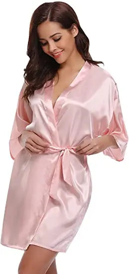 Women Nightgown Solid Color Kimono Bathrobe Satin Wedding Bridal Sleepwear