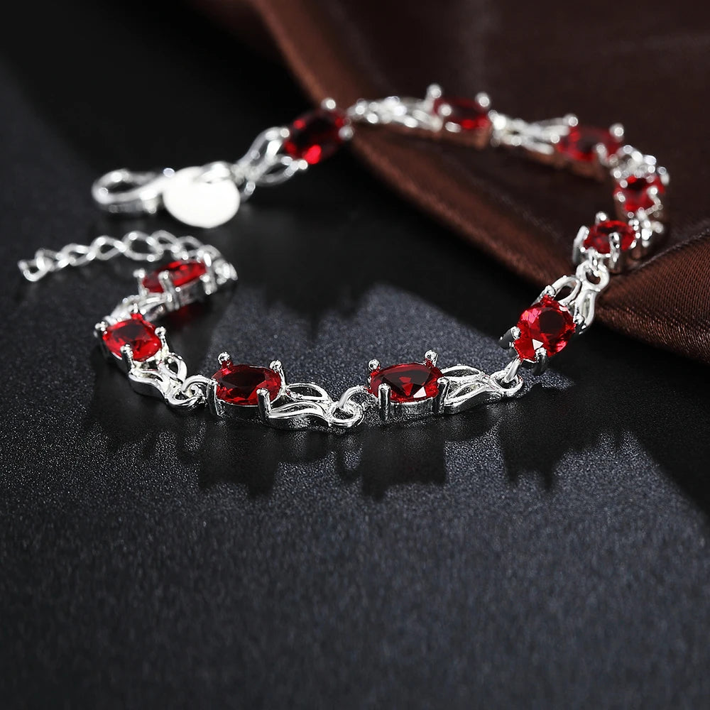925 Sterling Silver Charm Red Zircon Women Wedding Engagement Party Fashion Bracelet