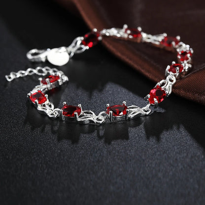 925 Sterling Silver Charm Red Zircon Women Wedding Engagement Party Fashion Bracelet