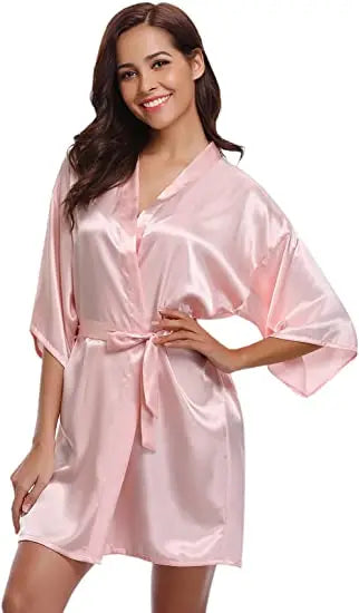 Women Nightgown Solid Color Kimono Bathrobe Satin Wedding Bridal Sleepwear