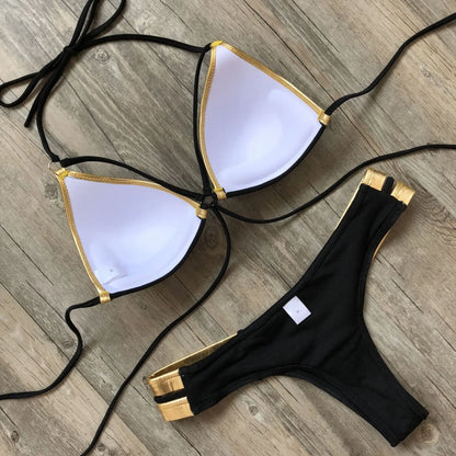 Women Gold Stamping Padded Swimsuit Push Up Bikini Swimwear Beachwear Brazil Bathing Suit