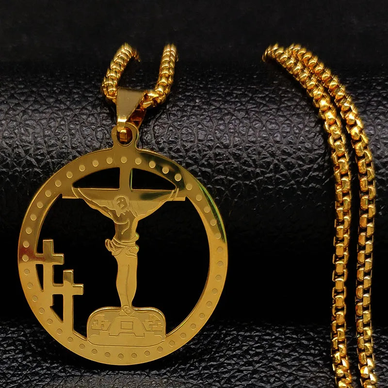 Men Fashion Cross Gold Stainless Steel Choker Cross Stainless Steel Choker Pendant Necklace