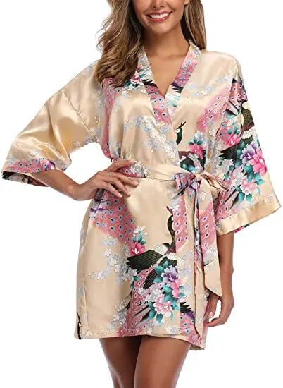 Women Satin Print Bathrobe Short Long Kimono Wedding Bridesmaids Robe Night Gown Dress