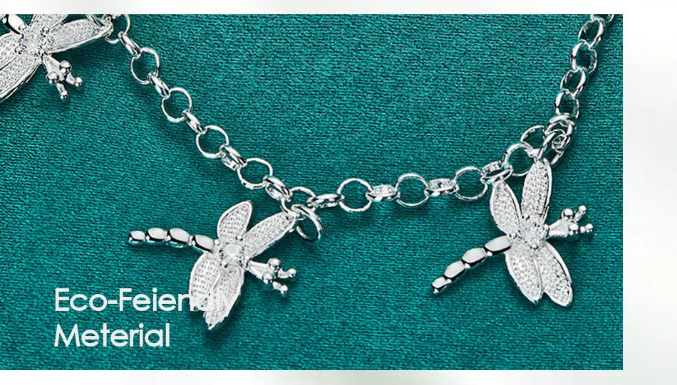925 Sterling Silver Five Dragonfly Zircon Women Wedding Engagement Party Pendant Bracelet Chain