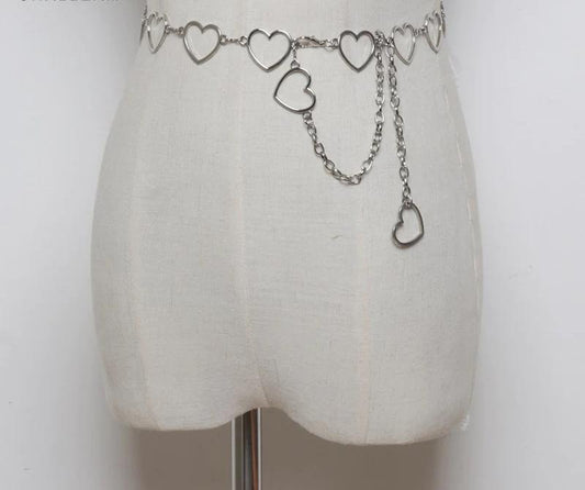 Women Fashion Heart Chain Silver Gold Waist Thin Metal Belts 110cm