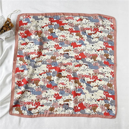 Women Fashion Silk Satin Cats Pets Printed Wrap Scarf Bandana Scarves