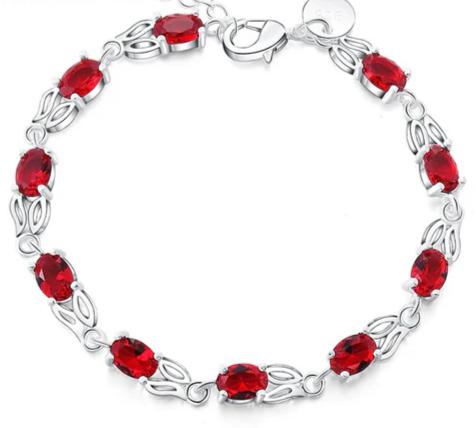 925 Sterling Silver Charm Red Zircon Women Wedding Engagement Party Fashion Bracelet
