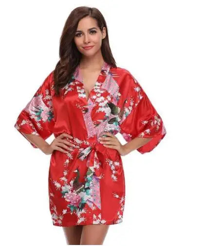 Satin Women Wedding Bridesmaids Crane Print Bathrobe Short Long Kimono Night Gown