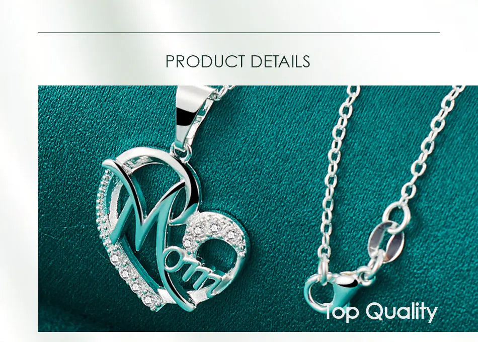 925 Sterling Silver 18-30Inches Chain Zircon Mom Heart Woman Wedding Party Charm Pendant Necklace