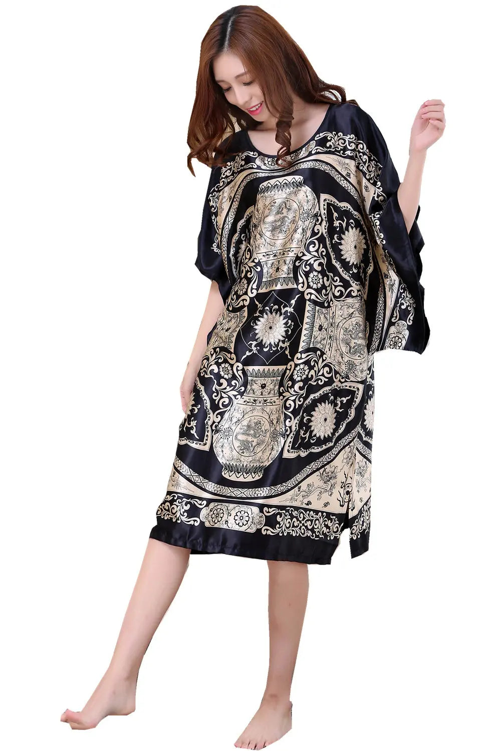 Plus Size Women Nightgown Printed Loose Sleepwear Nightwear Robe Bath Gown