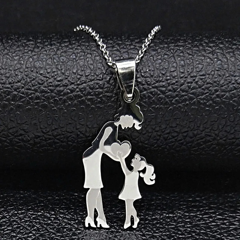 Stainless Steel Chain Kids Silver Color Women Mother Mom Daughter Necklace Pendant Necklace