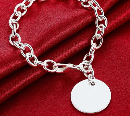 925 Sterling Silver Circle Tag Woman Fashion Wedding Engagement Party Bracelet