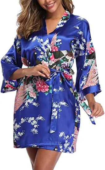 Women Satin Print Bathrobe Short Long Kimono Wedding Bridesmaids Robe Night Gown Dress