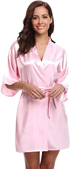 Women Nightgown Solid Color Kimono Bathrobe Satin Wedding Bridal Sleepwear
