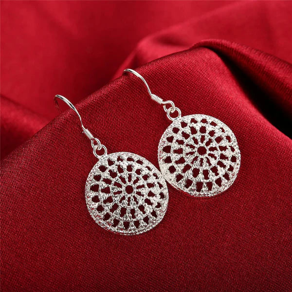 Women 925 Sterling Silver Hollow Out Round Plate Charm Wedding Engagement Party Earrings
