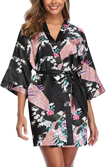 Women Satin Print Bathrobe Short Long Kimono Wedding Bridesmaids Robe Night Gown Dress