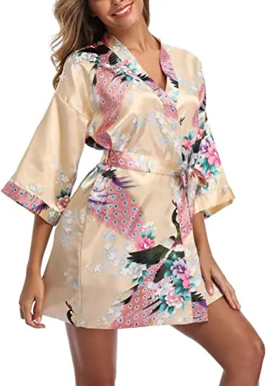 Women Satin Print Bathrobe Short Long Kimono Wedding Bridesmaids Robe Night Gown Dress
