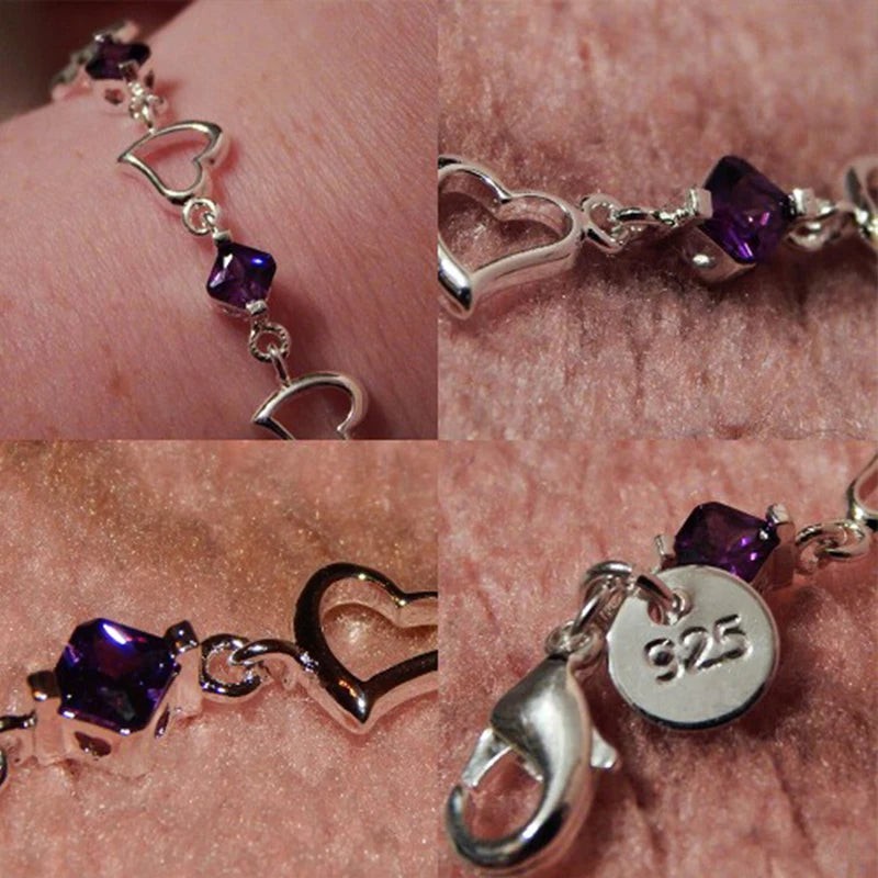 925 Sterling Silver Heart Purple Zircon Women Engagement Party Bracelet