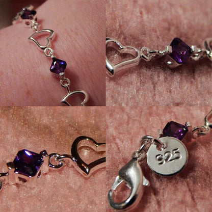 925 Sterling Silver Heart Purple Zircon Women Engagement Party Bracelet
