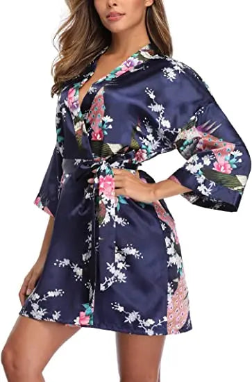 Women Satin Print Bathrobe Short Long Kimono Wedding Bridesmaids Robe Night Gown Dress