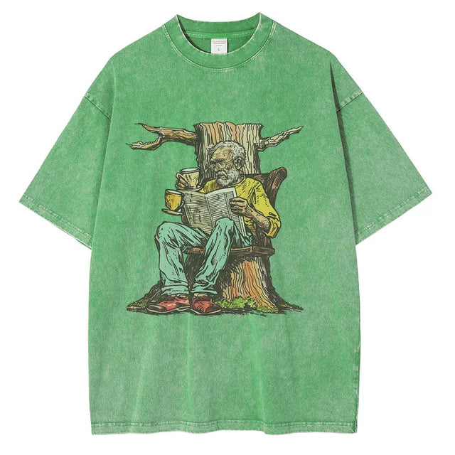 Men Washed Cotton Old Man w/ Newspaper Printed Vintage Loose Tops Tees Shirt