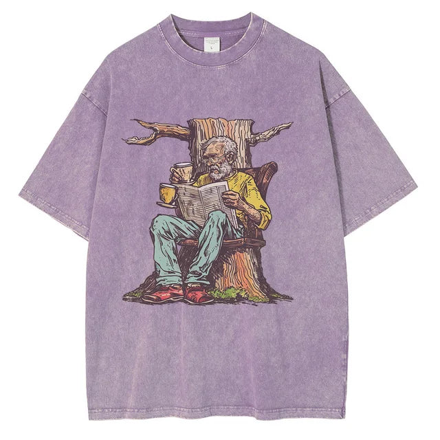 Men Washed Cotton Old Man w/ Newspaper Printed Vintage Loose Tops Tees Shirt