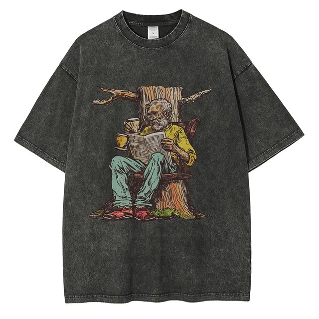 Men Washed Cotton Old Man w/ Newspaper Printed Vintage Loose Tops Tees Shirt