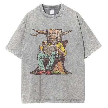 Men Washed Cotton Old Man w/ Newspaper Printed Vintage Loose Tops Tees Shirt