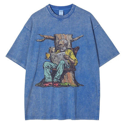 Men Washed Cotton Old Man w/ Newspaper Printed Vintage Loose Tops Tees Shirt