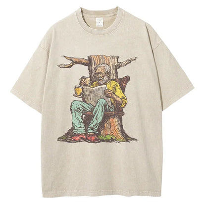 Men Washed Cotton Old Man w/ Newspaper Printed Vintage Loose Tops Tees Shirt