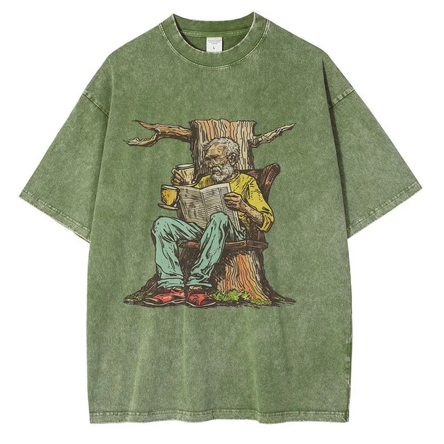 Men Washed Cotton Old Man w/ Newspaper Printed Vintage Loose Tops Tees Shirt