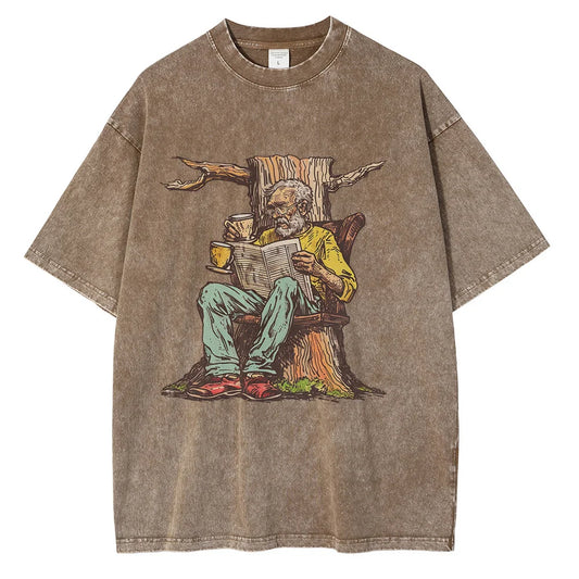 Men Washed Cotton Old Man w/ Newspaper Printed Vintage Loose Tops Tees Shirt