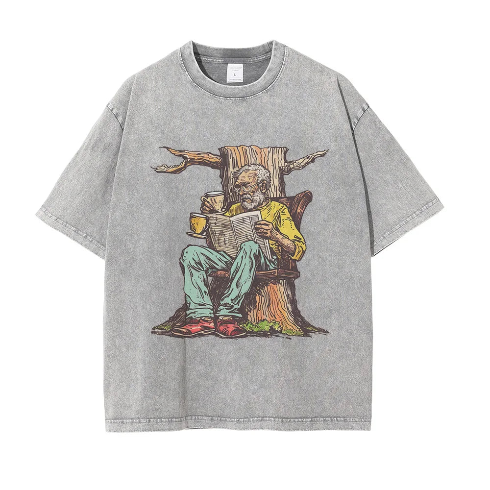 Men Washed Cotton Old Man w/ Newspaper Printed Vintage Loose Tops Tees Shirt