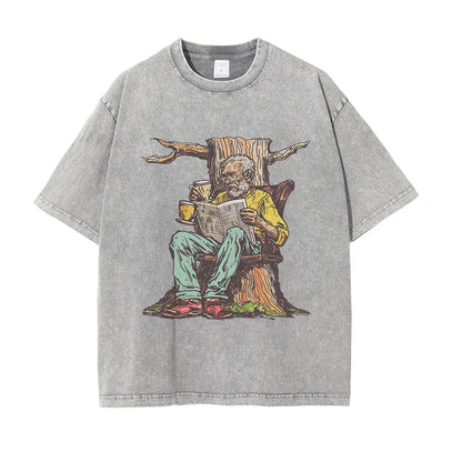 Men Washed Cotton Old Man w/ Newspaper Printed Vintage Loose Tops Tees Shirt