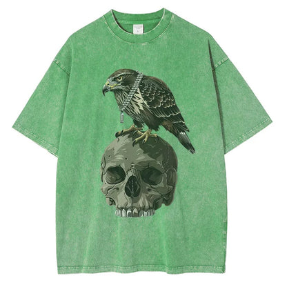 Men Fashion Washed Cotton Eagle Skull Printed Vintage Loose Tees Tops Shirt