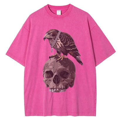 Men Fashion Washed Cotton Eagle Skull Printed Vintage Loose Tees Tops Shirt