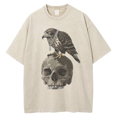 Men Fashion Washed Cotton Eagle Skull Printed Vintage Loose Tees Tops Shirt