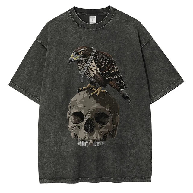 Men Fashion Washed Cotton Eagle Skull Printed Vintage Loose Tees Tops Shirt