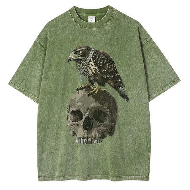 Men Fashion Washed Cotton Eagle Skull Printed Vintage Loose Tees Tops Shirt