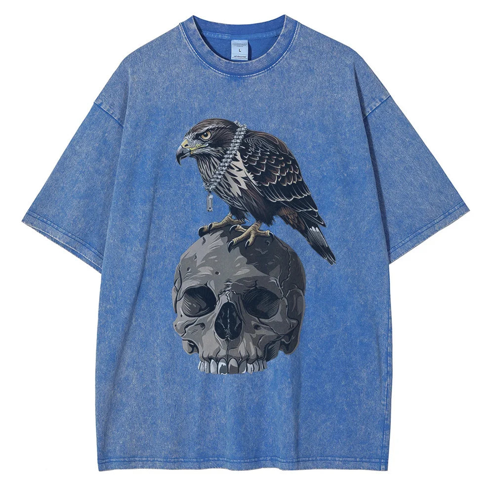 Men Fashion Washed Cotton Eagle Skull Printed Vintage Loose Tees Tops Shirt